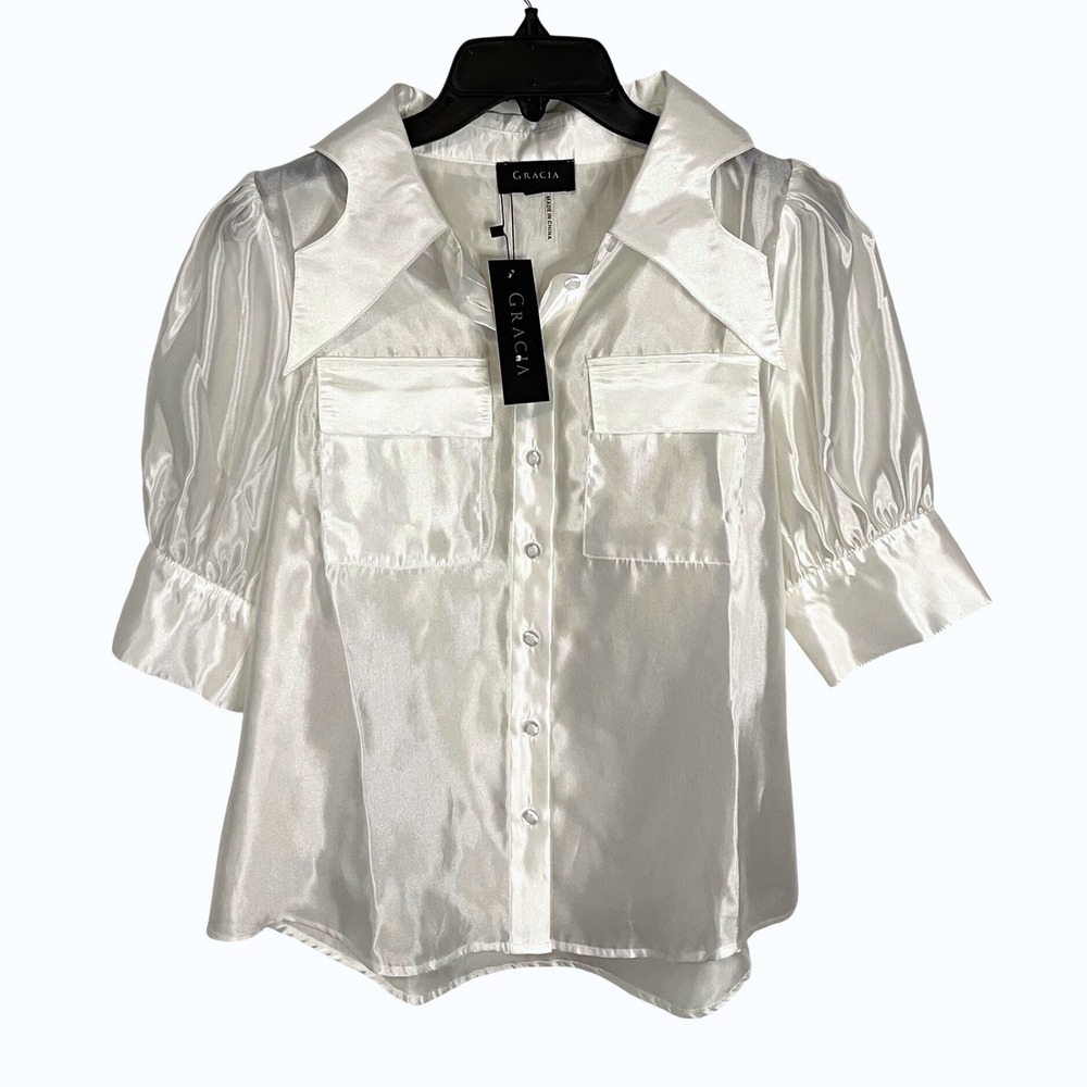 Gracia Satin Button Down Blouse Women Medium White Chic Puff Sleeve Collared Top - Picture 2 of 9